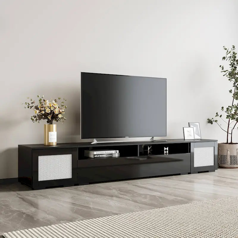 Mueble para TV negro de 82.6 con puertas de apertura a presión e iluminación LED para televisores de 90