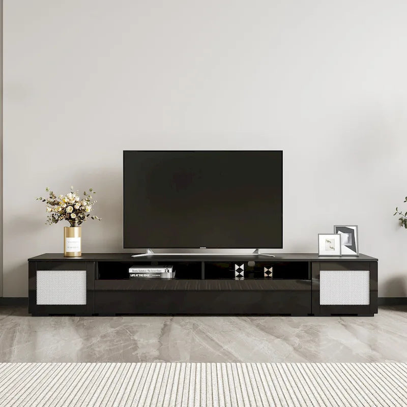 Meuble TV noir de 82,6 pouces avec portes à ouverture par pression et éclairage LED pour téléviseurs de 90 pouces