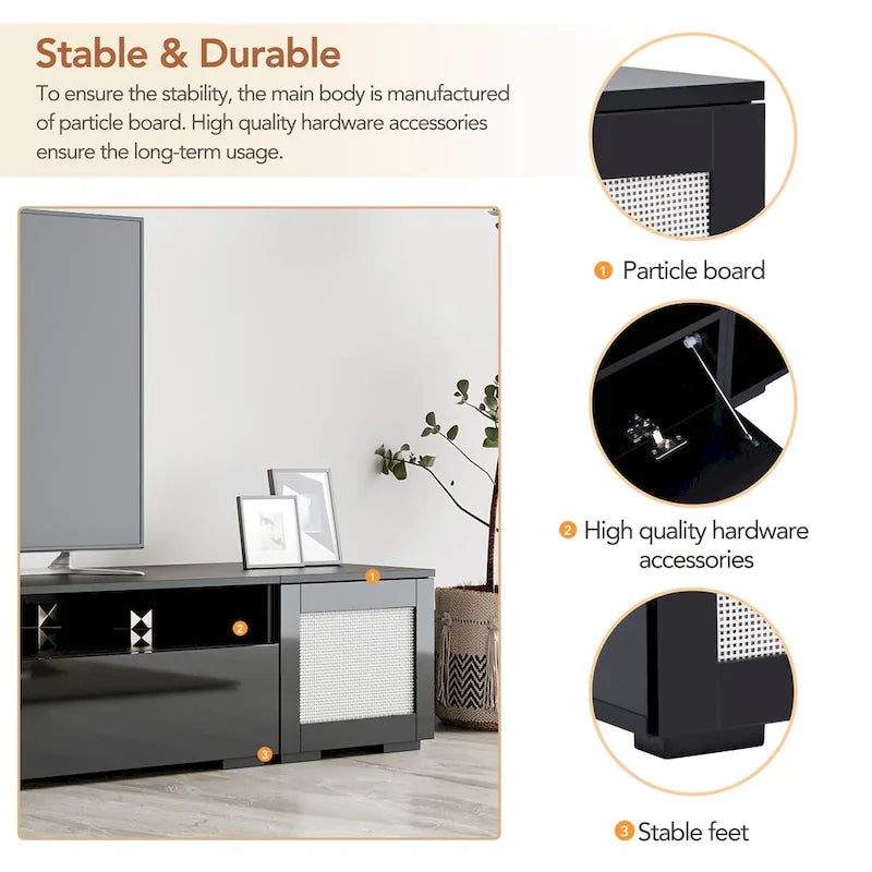 Mueble para TV negro de 82.6 con puertas de apertura a presión e iluminación LED para televisores de 90