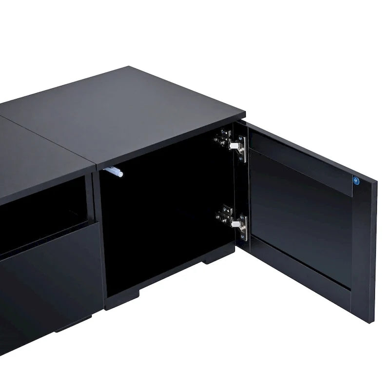Mueble para TV negro de 82.6 con puertas de apertura a presión e iluminación LED para televisores de 90