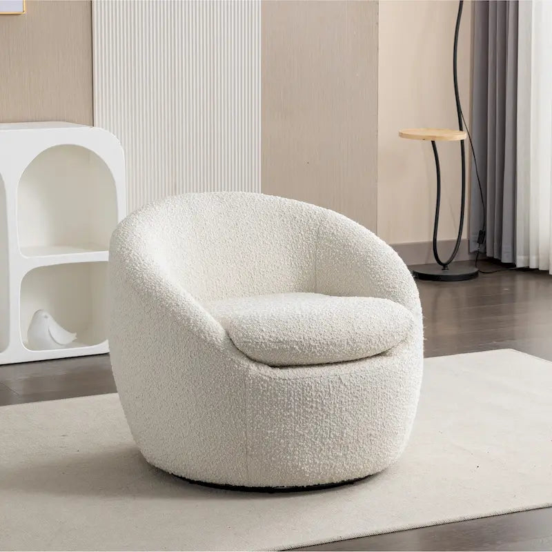 Sillón barril de bouclé color blanco crema de 31 con base giratoria