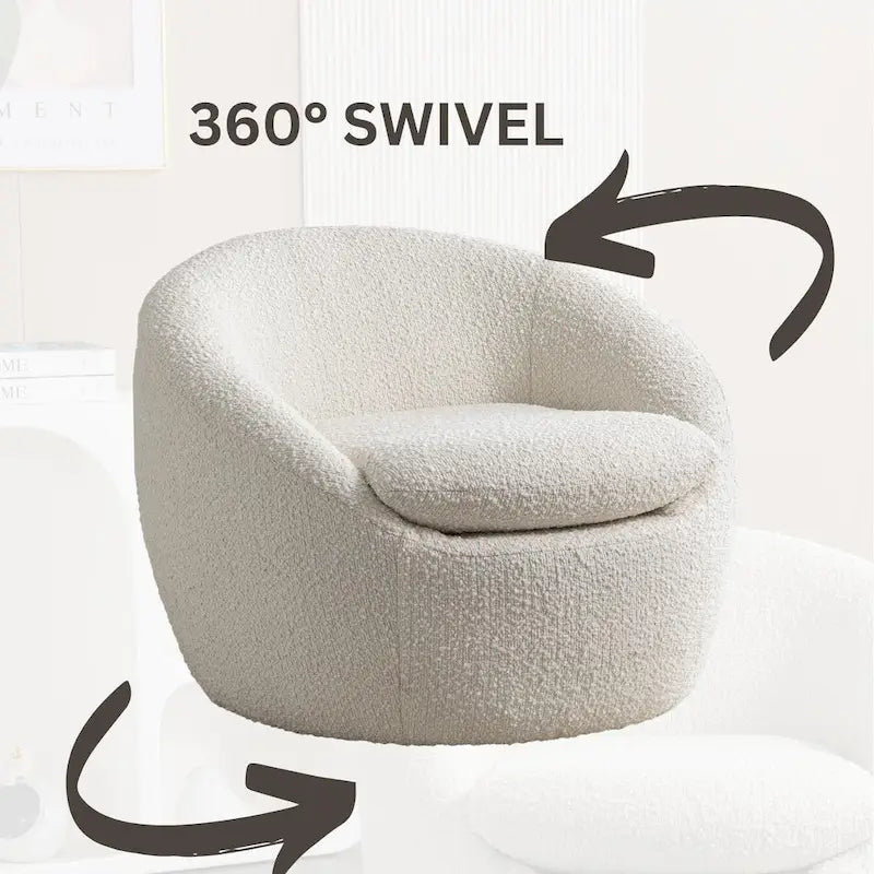 Fauteuil tonneau en bouclé blanc crème de 31 pouces avec base pivotante