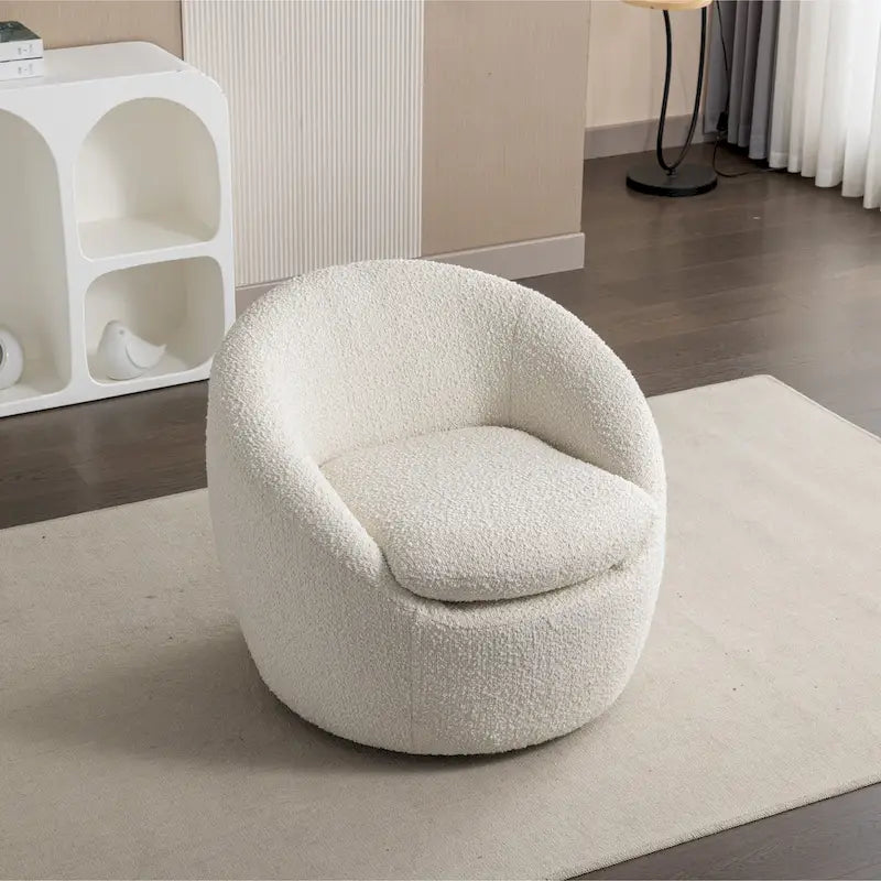 Sillón barril de bouclé color blanco crema de 31 con base giratoria