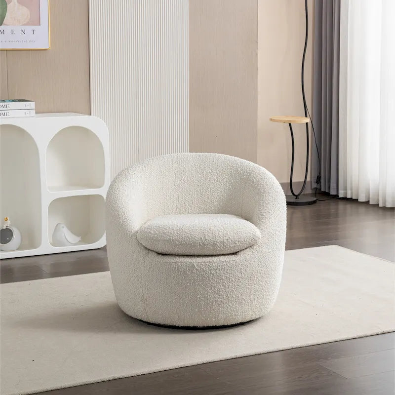 Fauteuil tonneau en bouclé blanc crème de 31 pouces avec base pivotante