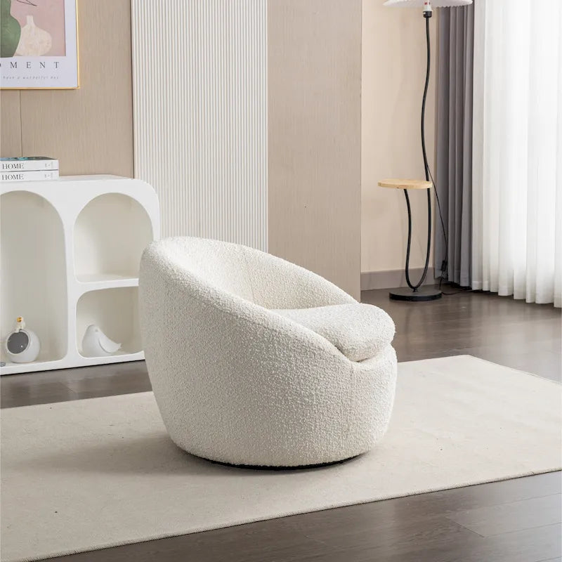 Sillón barril de bouclé color blanco crema de 31 con base giratoria