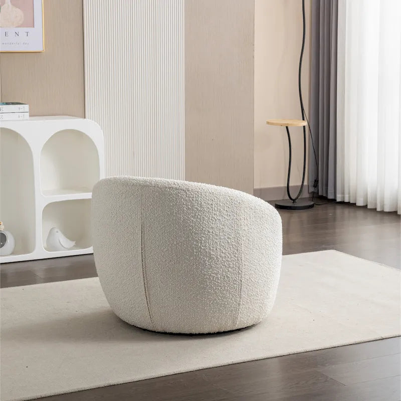 Sillón barril de bouclé color blanco crema de 31 con base giratoria