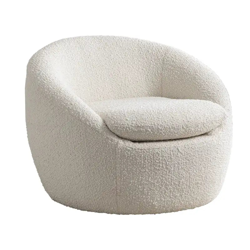 Sillón barril de bouclé color blanco crema de 31 con base giratoria
