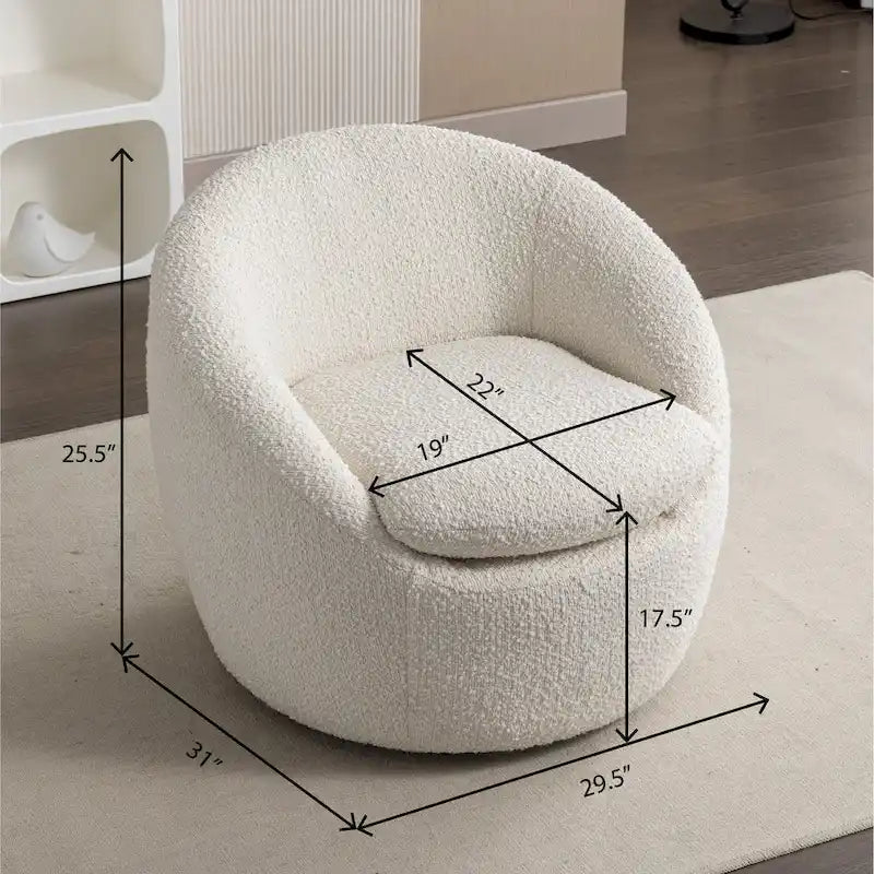 Sillón barril de bouclé color blanco crema de 31 con base giratoria