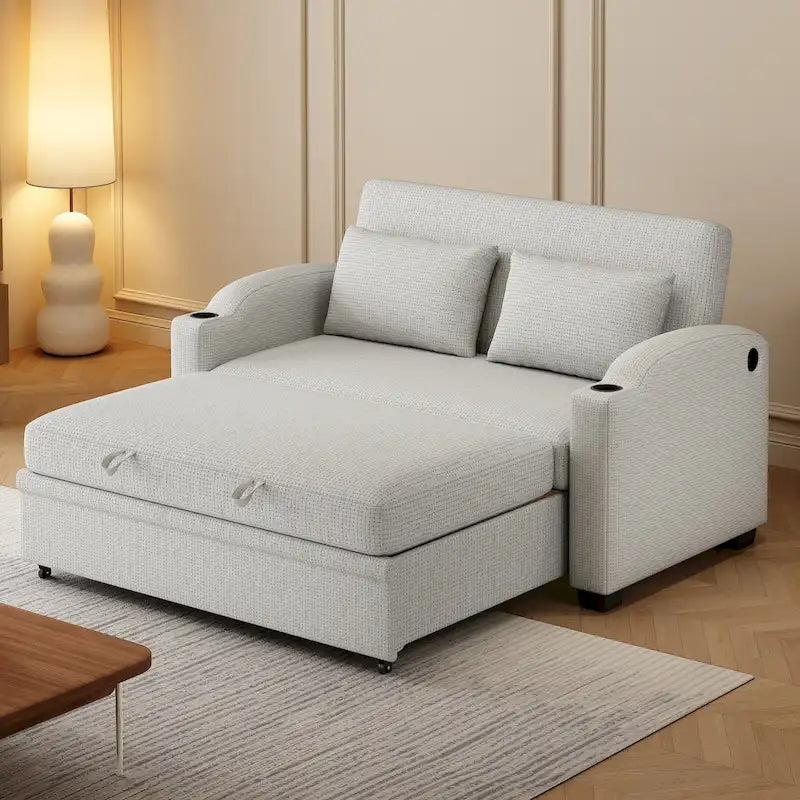 Sofá cama biplaza convertible de chenilla con respaldo ajustable, puertos USB y portavasos