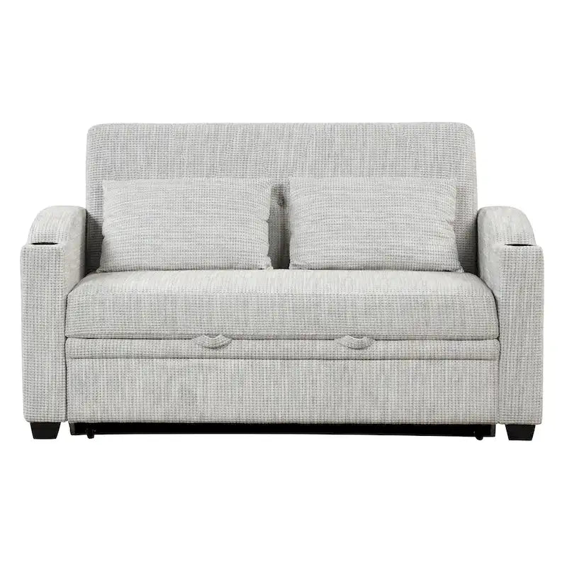 Sofá cama biplaza convertible de chenilla con respaldo ajustable, puertos USB y portavasos