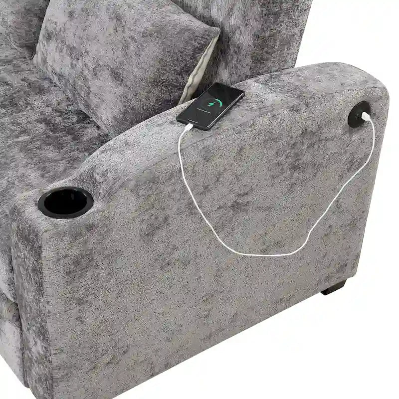 Canapé deux places convertible en chenille avec dossier réglable, ports USB et porte-gobelets