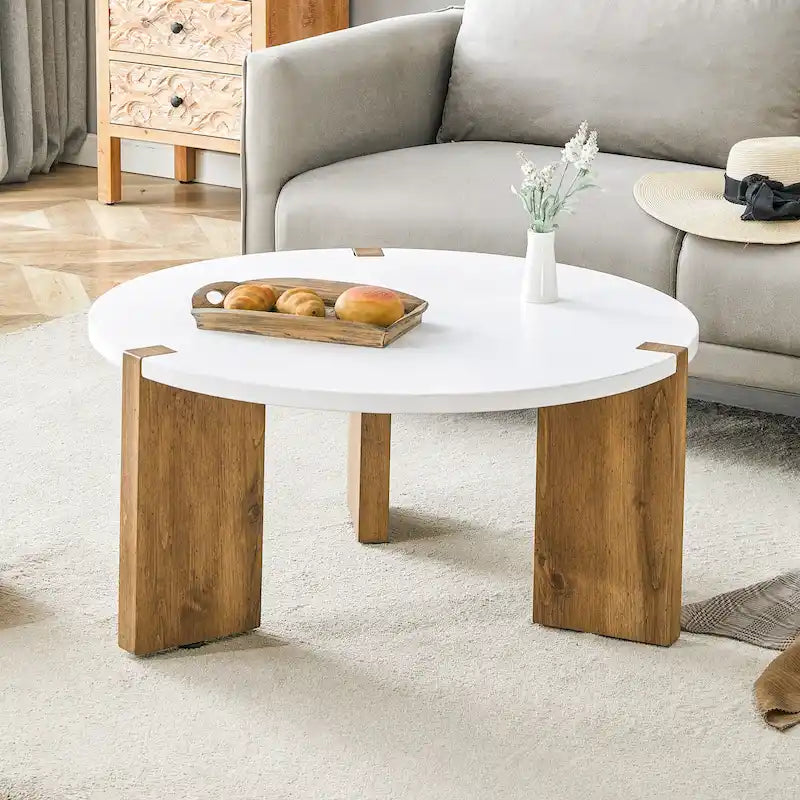 Mesa de centro redonda con patas rectangulares, mesa central de madera para el hogar y mesa auxiliar para la sala