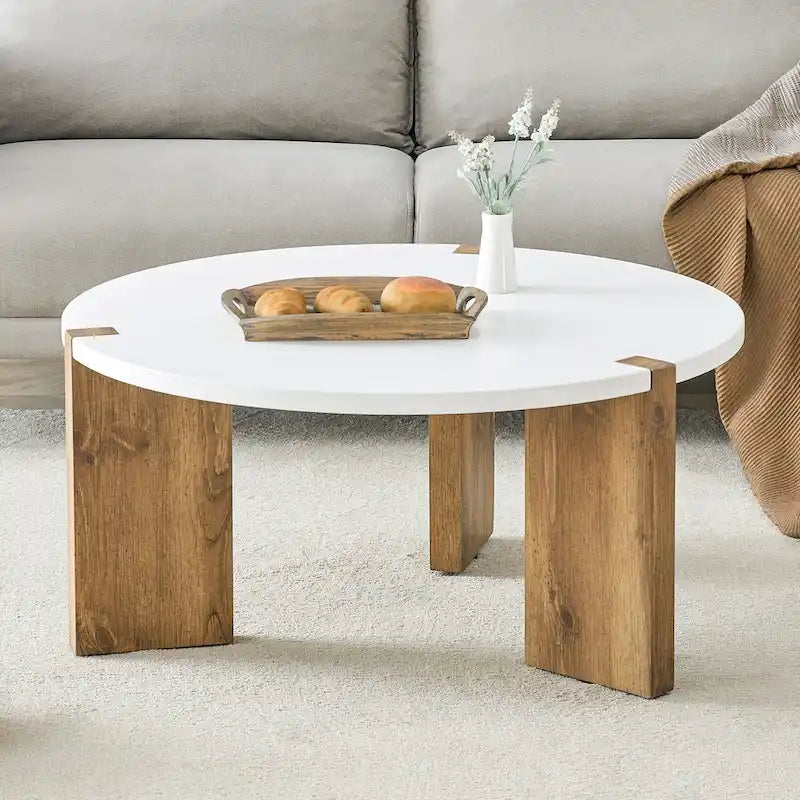 Mesa de centro redonda con patas rectangulares, mesa central de madera para el hogar y mesa auxiliar para la sala