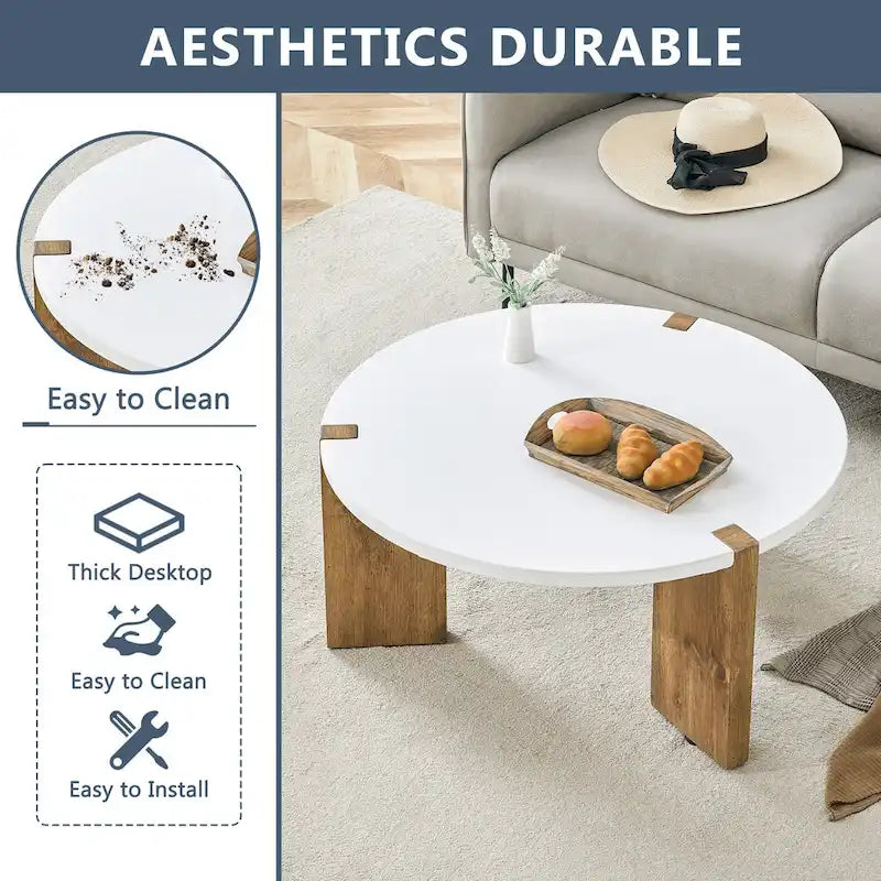 Table basse ronde avec pieds rectangulaires, table centrale en bois pour la maison, table d’appoint pour le salon