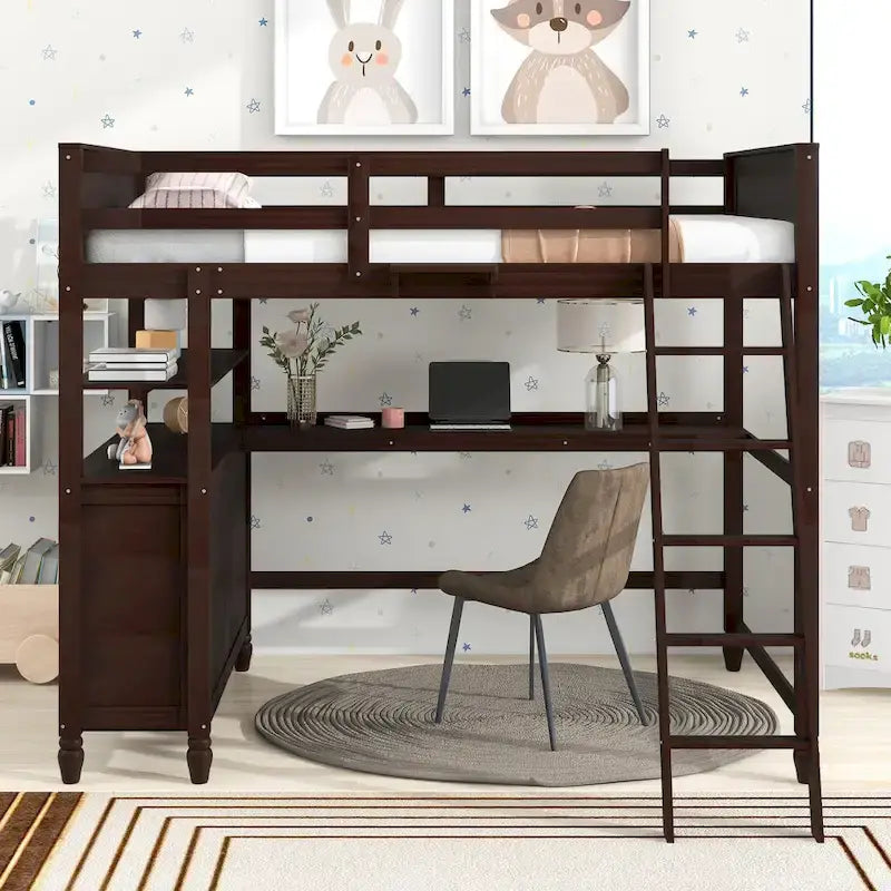Cama alta de tamaño matrimonial con cajones y escritorio, cama alta de madera con estantes