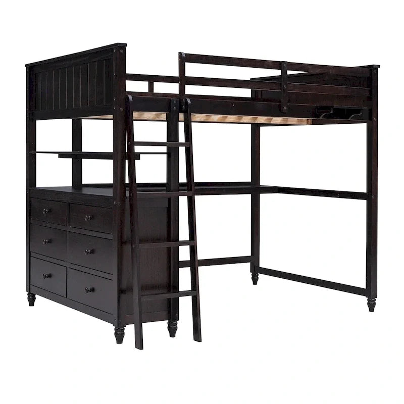 Cama alta de tamaño matrimonial con cajones y escritorio, cama alta de madera con estantes