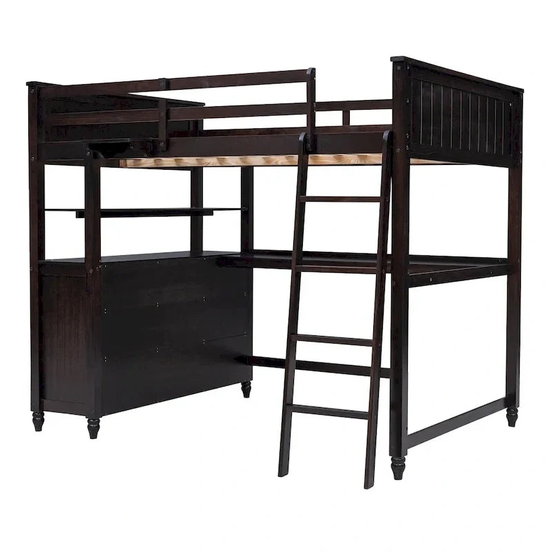 Cama alta de tamaño matrimonial con cajones y escritorio, cama alta de madera con estantes