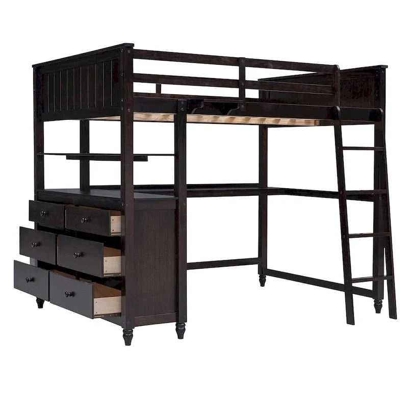 Cama alta de tamaño matrimonial con cajones y escritorio, cama alta de madera con estantes