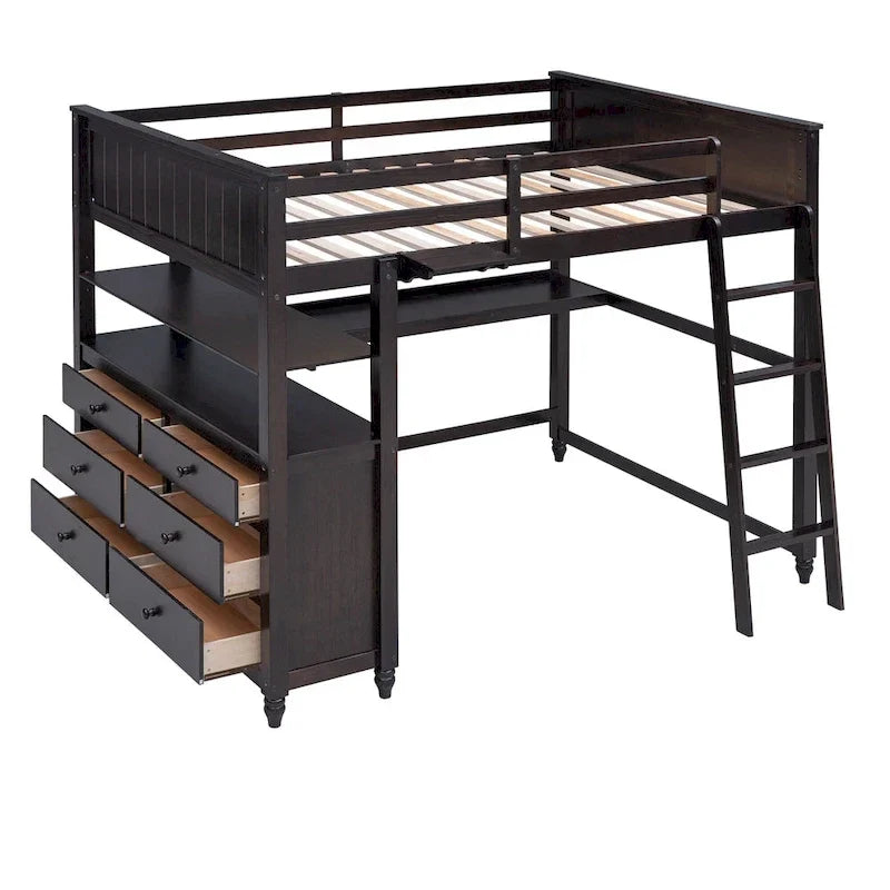 Lit mezzanine double avec tiroirs et bureau, en bois avec étagères