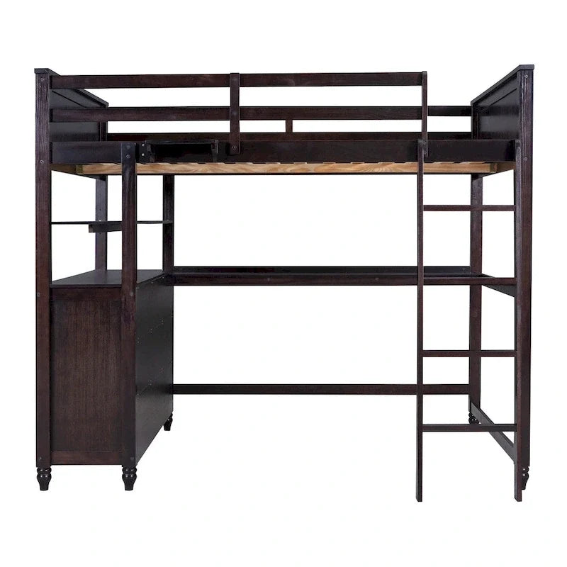 Lit mezzanine double avec tiroirs et bureau, en bois avec étagères