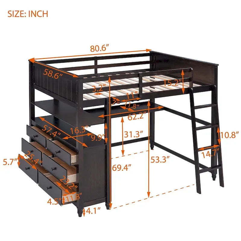 Lit mezzanine double avec tiroirs et bureau, en bois avec étagères