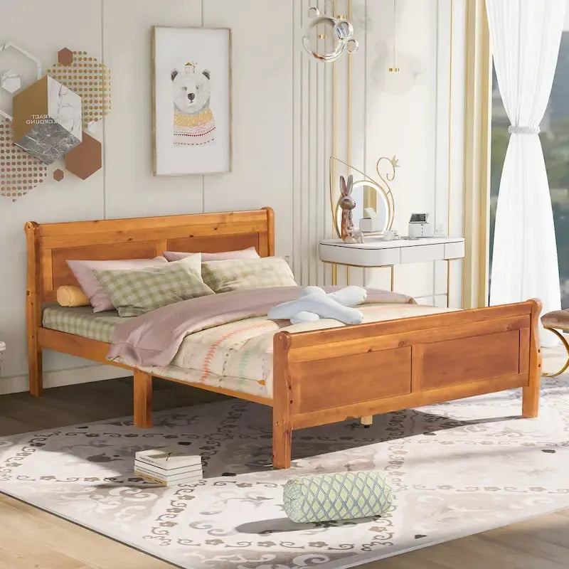 Plattformbett in Queen-Größe aus Holz mit Kopfteil und Lattenrost, Eiche