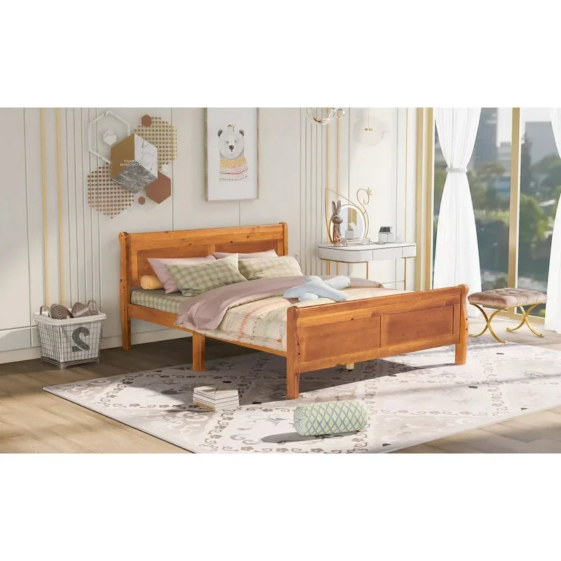 Cama de plataforma de madera tamaño Queen con cabecero y soporte de láminas de madera, color roble