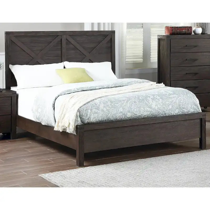 Mueble de dormitorio rústico contemporáneo espresso: cama de madera tamaño queen de 1 pieza con cabecero de diseño en X y aspecto único