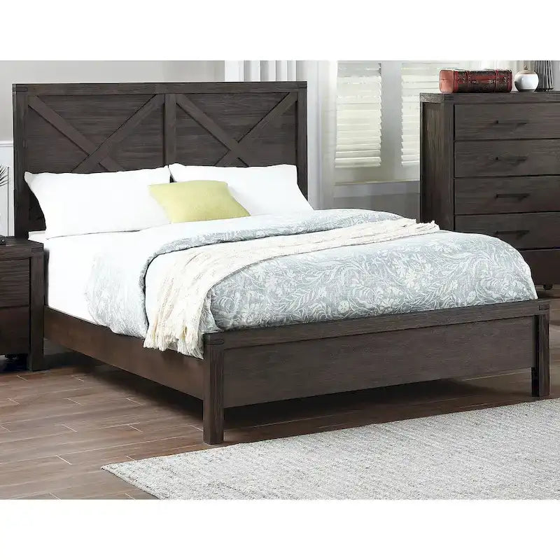 Mueble de dormitorio rústico contemporáneo espresso: cama de madera tamaño queen de 1 pieza con cabecero de diseño en X y aspecto único