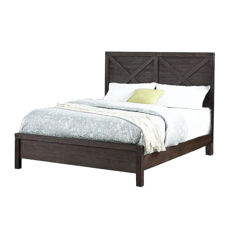 Mueble de dormitorio rústico contemporáneo espresso: cama de madera tamaño queen de 1 pieza con cabecero de diseño en X y aspecto único