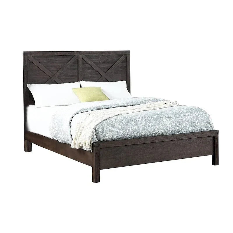Mueble de dormitorio rústico contemporáneo espresso: cama de madera tamaño queen de 1 pieza con cabecero de diseño en X y aspecto único