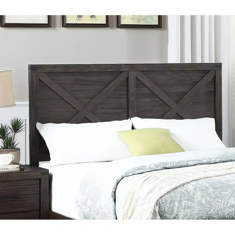 Mueble de dormitorio rústico contemporáneo espresso: cama de madera tamaño queen de 1 pieza con cabecero de diseño en X y aspecto único