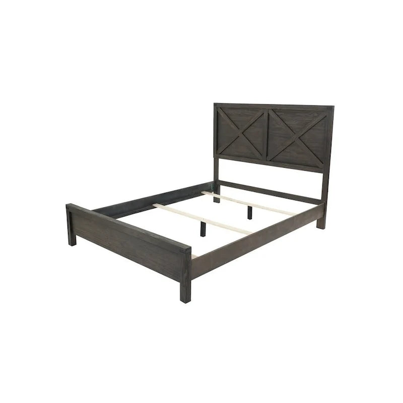 Mueble de dormitorio rústico contemporáneo espresso: cama de madera tamaño queen de 1 pieza con cabecero de diseño en X y aspecto único