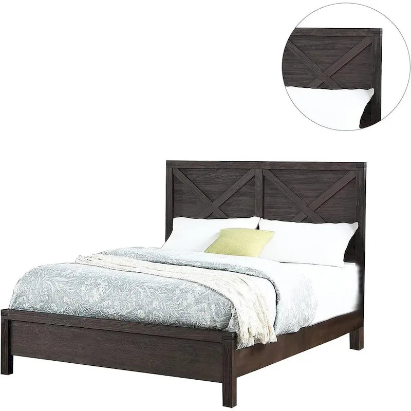 Mueble de dormitorio rústico contemporáneo espresso: cama de madera tamaño queen de 1 pieza con cabecero de diseño en X y aspecto único