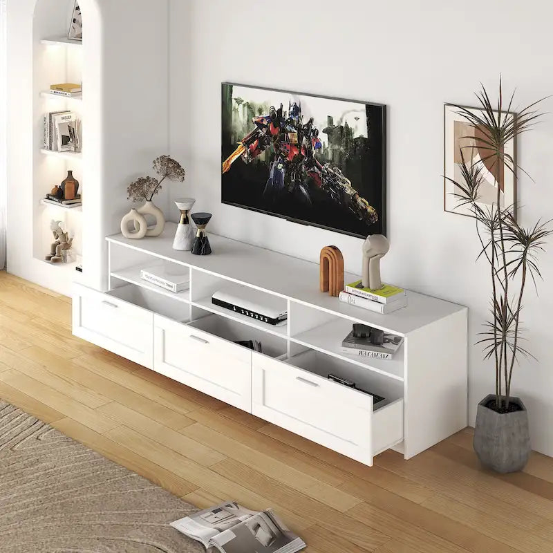 Mueble blanco para TV de 70 pulgadas con espacio de almacenamiento abierto y cajones para la sala de estar