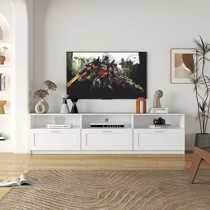 Mueble blanco para TV de 70 pulgadas con espacio de almacenamiento abierto y cajones para la sala de estar