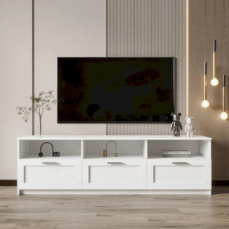 Mueble blanco para TV de 70 pulgadas con espacio de almacenamiento abierto y cajones para la sala de estar