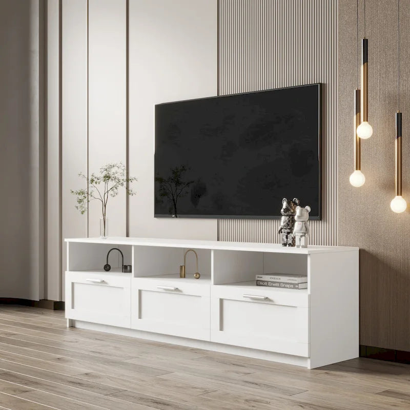Mueble blanco para TV de 70 pulgadas con espacio de almacenamiento abierto y cajones para la sala de estar