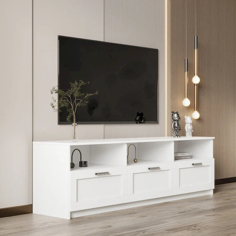 Mueble blanco para TV de 70 pulgadas con espacio de almacenamiento abierto y cajones para la sala de estar