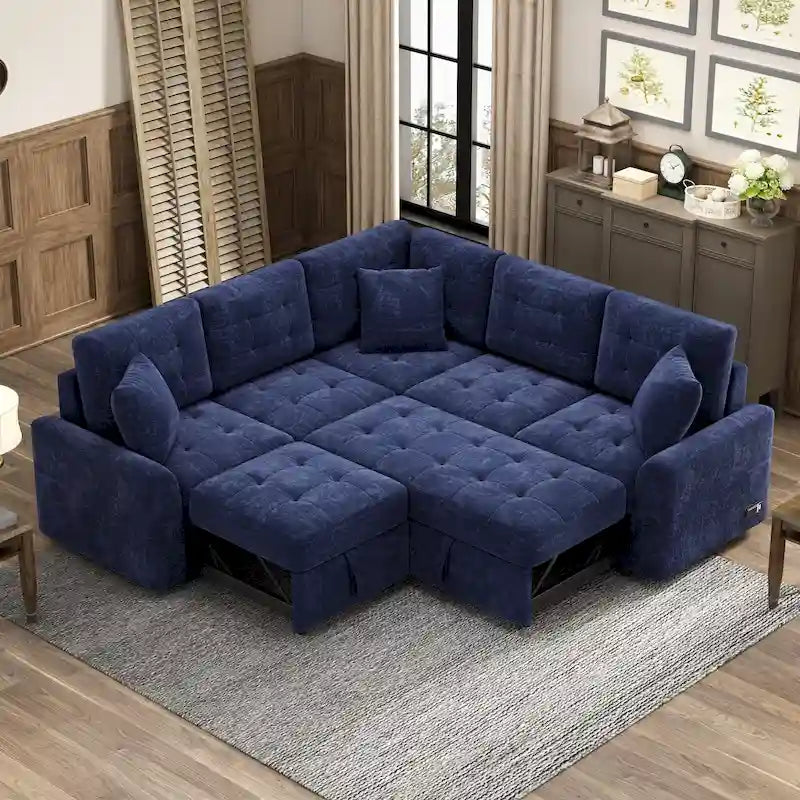 Sofá seccional convertible azul de 82.6 en forma de L para 5 personas, con ruedas, cama extraíble, puertos USB y tomas de corriente