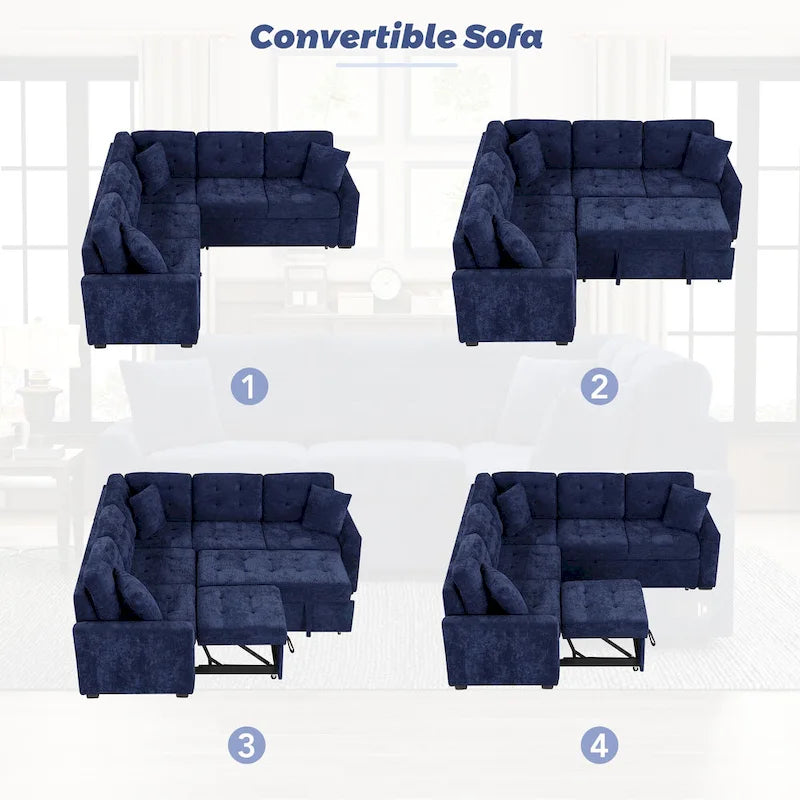 Sofá seccional convertible azul de 82.6 en forma de L para 5 personas, con ruedas, cama extraíble, puertos USB y tomas de corriente