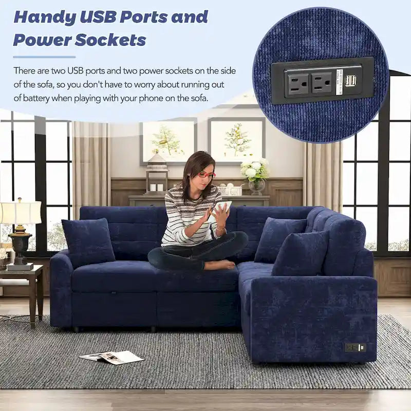 Sofá seccional convertible azul de 82.6 en forma de L para 5 personas, con ruedas, cama extraíble, puertos USB y tomas de corriente