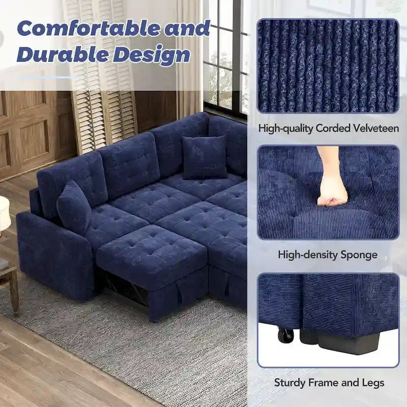 Sofá seccional convertible azul de 82.6 en forma de L para 5 personas, con ruedas, cama extraíble, puertos USB y tomas de corriente