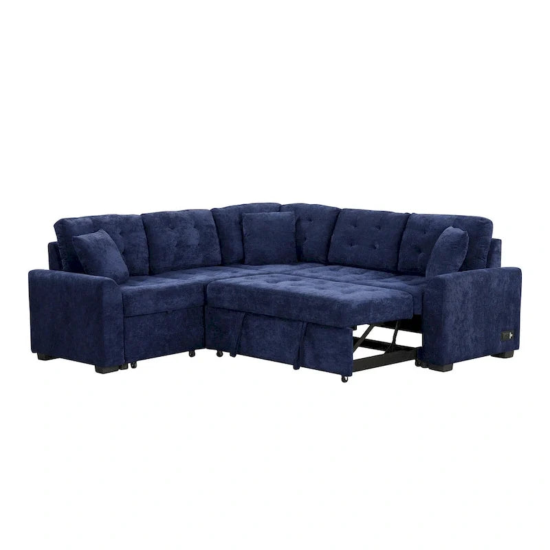 Blue 82.6 Convertible L-Shaped 5-Seat Sectional Sofa on Wheels, Featuring Pull-Out Bed, USB Ports, and Power Outlets