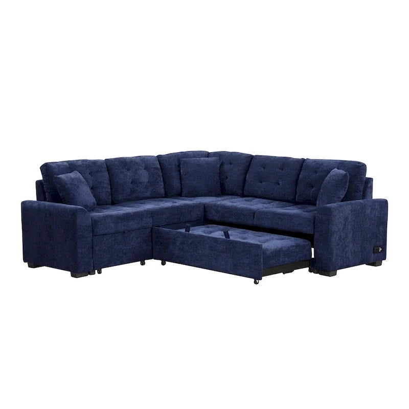 Blue 82.6 Convertible L-Shaped 5-Seat Sectional Sofa on Wheels, Featuring Pull-Out Bed, USB Ports, and Power Outlets