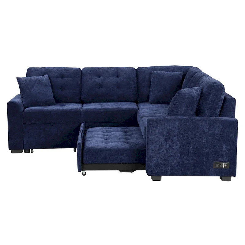 Blue 82.6 Convertible L-Shaped 5-Seat Sectional Sofa on Wheels, Featuring Pull-Out Bed, USB Ports, and Power Outlets