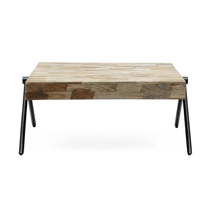 Table basse artisanale au design moderne, 18.75, avec plateau en bois et pieds uniques en V