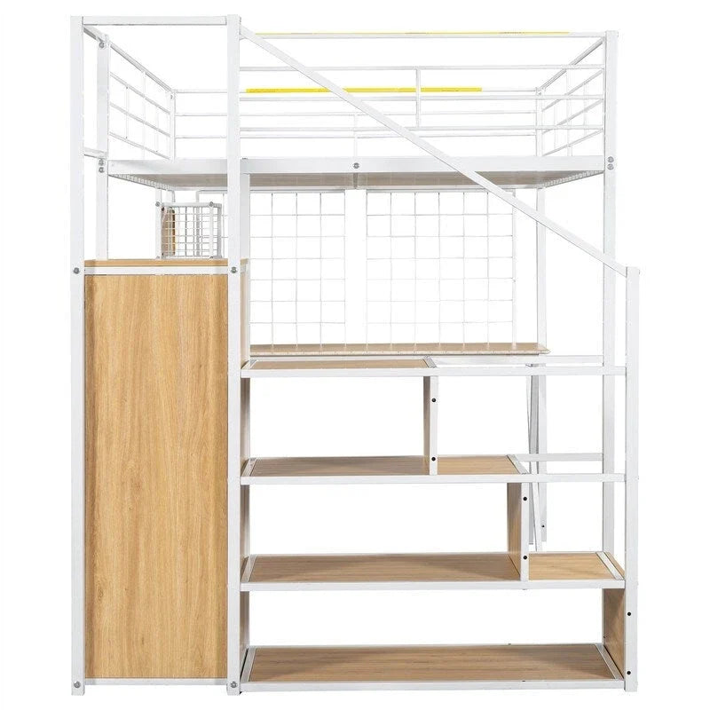 Lit mezzanine deux places/lit double avec bureau intégré, armoire et escalier de rangement, cadre de lit mezzanine en métal avec éclairage LED et grille métallique