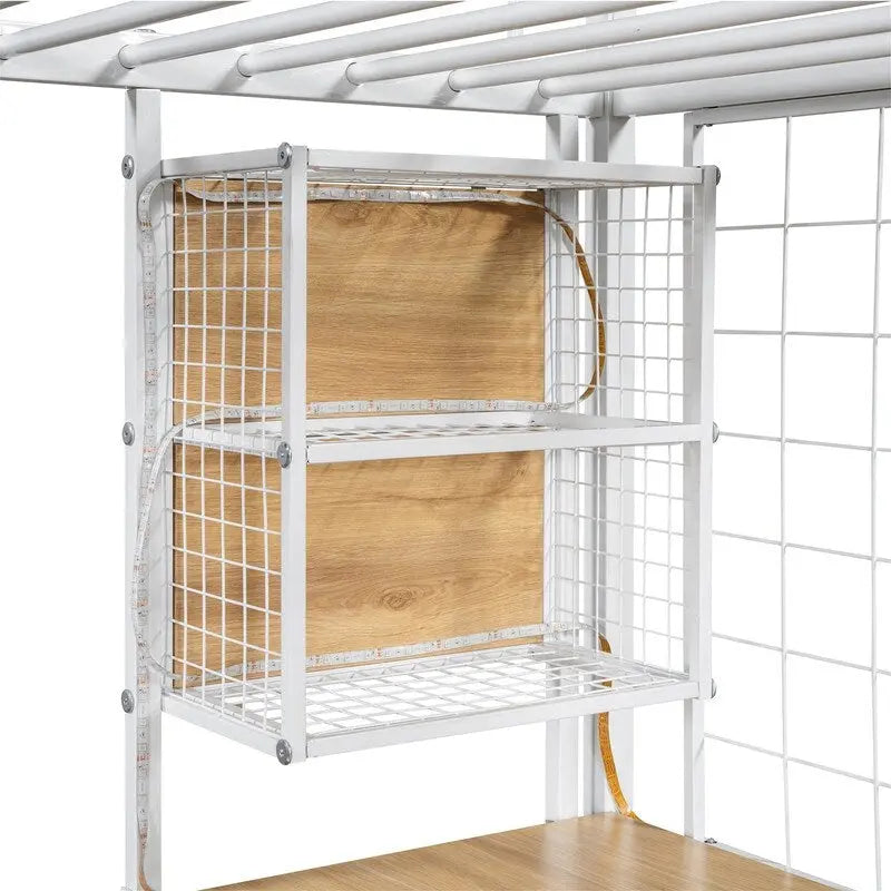 Lit mezzanine deux places/lit double avec bureau intégré, armoire et escalier de rangement, cadre de lit mezzanine en métal avec éclairage LED et grille métallique