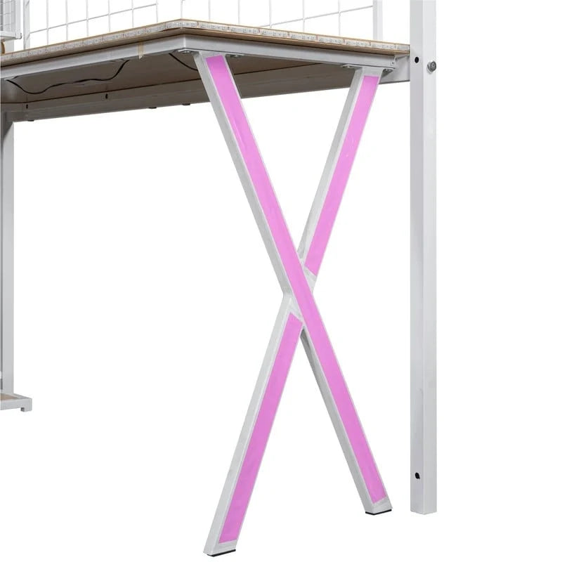 Lit mezzanine deux places/lit double avec bureau intégré, armoire et escalier de rangement, cadre de lit mezzanine en métal avec éclairage LED et grille métallique